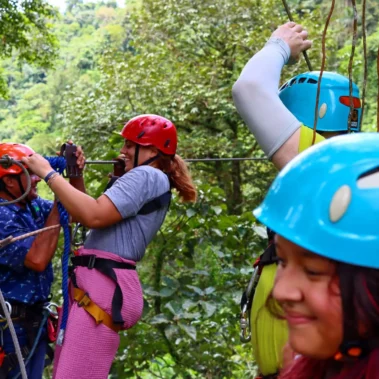 Group of adventurers preparing for canopy zipline in La Fortuna rainforest near Arenal Volcano KIDS DISCOUNT BEST PRICE!