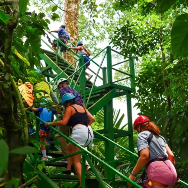 Visitors climbing canopy tower stairs at Canopy Tour La Fortuna near Arenal Volcano, Costa Rica